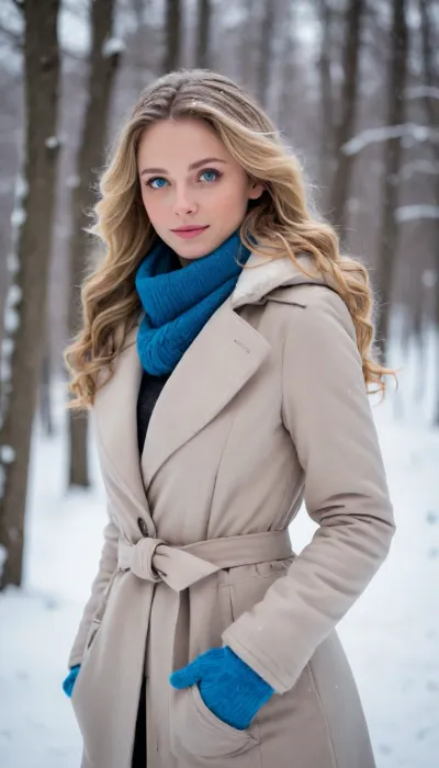 (masterpiece, best quality, highres, photorealistic), a stunning young woman with a slim, attractive body, (slim figure:1.3), wearing a stylish, warm winter coat, scarf, and gloves, standing confidently in a snowy environment. Her long, wavy hair flowing from beneath the coat's hood, (bright blue eyes:1.4), (serene smile:1.2), standing with her hands in her pockets, (relaxed posture:1.3), looking slightly to the side with a confident expression, the snow gently falling around her, (snowy environment:1.3), ambient lighting, highlighting her outfit and the serene beauty of her features, (no skin visible, fully clothed), .