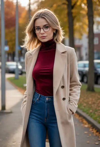 (photo taken in perfect autumn landscape, sundown light, waiting at busstop, out of town:1), photo shows complete Person, complete body, walking pose, dynamic, realistic, perfect lighting, (best shadows), 8K, UHD, clear image, (best lighting), best quality, ultra detail, fine detail, high resolution, 8k wallpaper, masterpiece, one female, (European Swedish mom 30 years old:1.2), ((skinny with perky tits, erected nipples:1.3)), (((skinny, small, petite, height 175 cm, long perfect legs, perfect ass, narrow waist, wide hips:1.3))), detailed green eyes, short pale blonde hair, shoulder length hair, tied in a braid at the back, individual hair strands in face, (very detailed face, beautiful, light freckles, tanned skin, full lips), ((wears a detailed shimmering maroon velvet turtleneck top combined with open beige coat:1.5), (detailed skinny blue jeans, ankle boots:1.4), (necklace with pendant, earrings, jewellery, glasses:1.2))