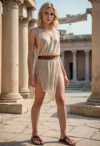 girl, barefoot, ((with blond hair)), nude, (((Toga see-through, loincloth see-through, Ancient leather sandals))), realistic face, public Ancient Greek, elegant, beautiful background, 8k, best quality, <lora:fantasy_toga_sdxl_v2.3:.1>