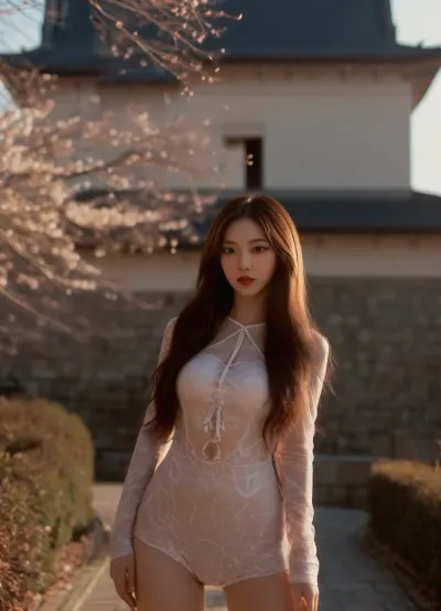 Perfect body proportions, highly detailed, (((super realistic))), Korean Idol, 20 years old girl, Blackpink style, brown long hair, White skin, Red lip, Pink nipples, pink pussy, hairy pussy, spread legs, Labia majora spread apart, vaginal opening visible, white Goddess dress, A gorgeous dress, A Japanese castle with cherry blossoms in full bloom, Big breasts, kar, kar1na, yujimin, <lora:yujimin_v10:.8>, ShineCurve_Apparel, one-piece-swimsuit, leggins, transparent, leotard, <lora:ShineCurve_Apparel-000009:.8>, Bright sunlight shines from the front, Glossy, bodysuit, intricate, pattern, <lora:Glossy suit XL:.8>