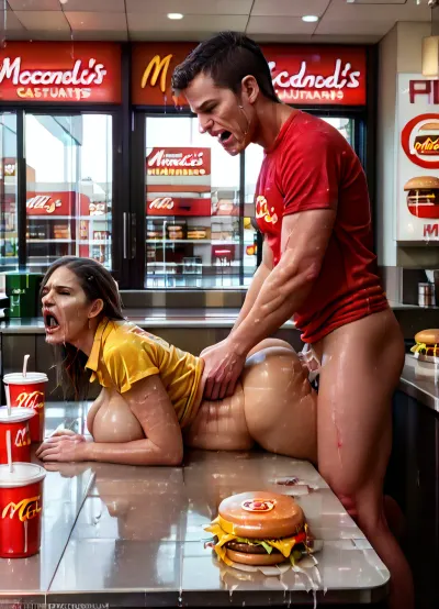 in the Fast food restaurants A young plain and serious Female McDonald's cashier whose only redeeming feature is her gigantic breasts dressed fucked anal, anal fucking, (dressed in a McDonald's Red and Yellow uniform), mini skirt, white socks, super pale Skin, photorealistic, detailed skin texture, DARK Brown clavi Cut hair, maximum detail, thicc voluptuous model figure, soft light, Orgasm face, stunning face, 18 years old Female McDonald's cashier, pale skin, gigantic tits, big breasts, huge tits, very realistic, best quality, high detail, TotalDetail, 18 years old, (Standing behind the checkout counter where customers are lined up, she leans on the checkout counter with her hands or elbows, her chest on the checkout counter, Female McDonald's cashier leans against the checkout counter, Female McDonald's cashier standing leaning forward, realistic face, symmetrical face, she holds on the checkout counter), (Inside the McDonald's checkout counter, Red and Yellow Fast food restaurants:1.5), anal, fucked anal, high definition photograph, ultra detailed, intricate details, (photorealistic:1.5), 8k, UHD, wide angular lens, Wein light, contrast, tack sharp, (masterpiece:1), perfect huge tits, slightly chubby body, (anal sex:1.5), anal penetration, moaning, no makeup, (side view:1.5), prone bone, anal creampie, cum, (pain:1.5), painful, terrified, freckles, (assfuck:1.5), huge dick in anus, (crying:1.5), forced onto a mattress by several men, (held down by several men:1.5), really sagging breasts, large, boobs, tits, chest, big, breasts, huge, gigantic, hips, thighs, wide, thick, plump, belly female, arms, <lora:Venus_Body_Alpha:.5>, <lora:SDXL_MassiveCowsLoRA_v1:.6>, <lora:sagging-000015:.6>
