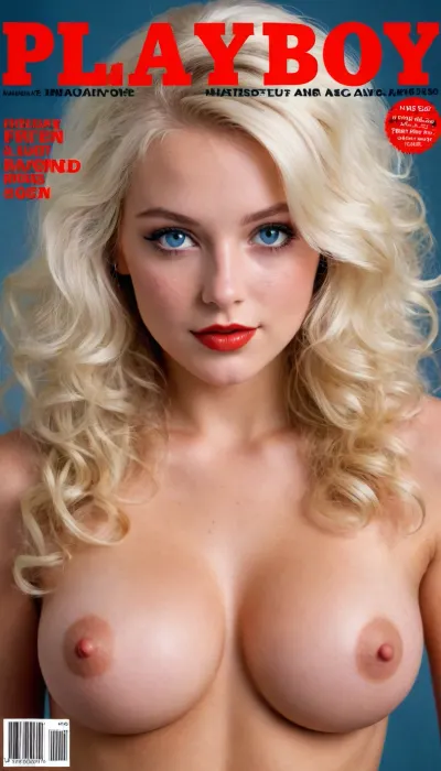 A vintage image of an 18 year old freckled white hair Irish girl with beautiful highly detailed blue eyes, ((magazine)), ((playboy cover)), 5'9" tall, 120 lbs, highly detailed long white curly hair, full red lips, big round tits, cleavage, heavy breast areolas, sweet calm smile, flat stomach, highly detailed slender body, deeply tanned, narrow waist, shaved pussy, playboy, magazine, cover, <lora:playboy_cover_SDXL_v1:.5>