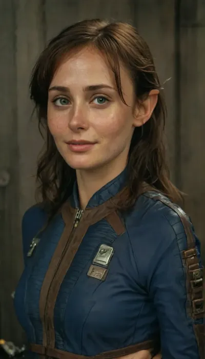 Beautiful girl from the videogame Fallout with brown hair, 21 years old elf girl, elf ears, elf, well-build body, medium tits, small lips, lots of freckles face and skin, blush on the checks and nose, (raised nasal tip, upturned button nose, upturned nose, delicate nose, nose), brown wild wet hair with sidelocks, very sexy smile, flirtatious gentle smile, perfect face, perfect eye, perfect body, good proportions, blue eyes, perfect face with clean skin, (big breasts), slender, slim body, view from distance, view from above, whole body in view, ((suit hinge lowered to half)), wearing, a, Vault, Suit, with, Leather, Armor, and, PipBoy, on, her, wrist, his, FalloutCinematic, <lora:312968_training_data:1>, <lora:FalloutCinematic:1.4>