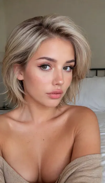 (masterpiece, best quality, ultra detailed, maximum resolution, maximum quality:1.1), (8k, 4k, ultra high definition, RAW photography:1.3), (short cut ash blond hair with dark roots, asymmetric swept back hair style, thick hair cut in voluminous textured waves, loose strands of hair, subtle coppery hair highlights:1.6), (adorable girlfriend, mischievous, playful), (delicate facial features, small cute button nose), (onlyfans snapshot aesthetic, intimate bedroom snapshot, sexting, private photo:1.8), (shallow depth of field, bokeh:1.1), Canon EOS R5, EF 50mm f/1.2L USM, medium shot, dramatic lighting, (intricate details:1.1), (photorealistic:1.2), no blur, sharp focus, (rule of thirds, excellent composition, interesting framing, professional color grading:1.3), (natural skin texture, realistic skin texture, natural hair texture:1.1), (youthful appearance:1.1), ziprealism, igbaddie, <lora:igbaddie-XL:.8>
