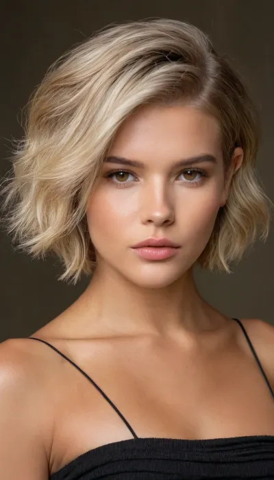 (masterpiece, best quality, ultra detailed, maximum resolution, maximum quality:1.1), (8k, 4k, ultra high definition, RAW photography:1.3), (short cut ash blond hair with dark roots, asymmetric swept back hair style, thick hair cut in voluminous textured waves, loose strands of hair, subtle coppery hair highlights:1.5), (shallow depth of field, bokeh:1.1), Canon EOS R5, EF 50mm f/1.2L USM, medium shot, (avant-garde snapshot aesthetic:1.2), dramatic lighting, (intricate details:1.1), (photorealistic:1.2), no blur, sharp focus, (rule of thirds, excellent composition, interesting framing:1.3), (natural skin texture, realistic skin texture, natural hair texture:1.1), (youthful appearance:1.1), ziprealism, igbaddie, <lora:igbaddie-XL:.8>