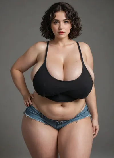 Woman with a motherly voluptuous plump chubby figure, oversized ass, oversized hips, thunder thighs, oversized saggy breasts, wearing a loose tank top, deep cleavage, and micro cloth shorts, <lora:add-detail-xl:.8>, <lora:milkers_v2:.8>