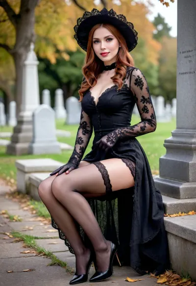 full portrait of a young beautiful widow sitting in a cemetery park monument near the cemetery monument, long beautiful slender legs, (legs slightly apart:1), (show smooth pussy:1), slutty smile, she is wearing a long sleeved intricate lace black widow gown, widow hat, black transparent veil, stockings, front view, upskirt shot, (smooth pussy:1), looking away, middle distance, ptheels, high, heels, skirtlift, <lora:ptheels_sdxl_V2-000010:.8>, <lora:DetailedEyes_V3:.8>, <lora:skirtlift_xl:.4>