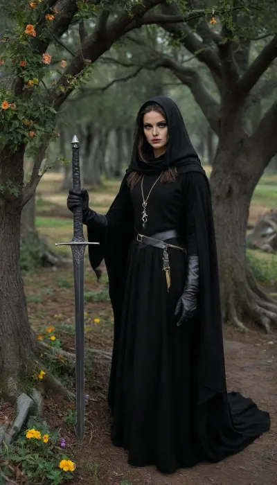 Nazgul women with black sword, full body view, ((fertille body)), steel gloves, <lora:Nazgul:.8>, Photography, stvmccrr, style, <lora:stvmccrr:.8>, <lora:add-detail-xl:.8>, Hobbit, Hole, flower, tree, <lora:Hobbit_Hole_SDXL:.8>, alexandradaddario101, <lora:1381426_training_data:.8>