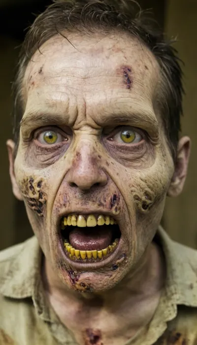 zombie, blood, dead, yellow teeth, eyes with cataracts, broken fingernails, bloody saliva from the mouth, Eyes are only whites, no pupils, z0mb13, <lora:Zombie_XL_z0mb13:1.6>
