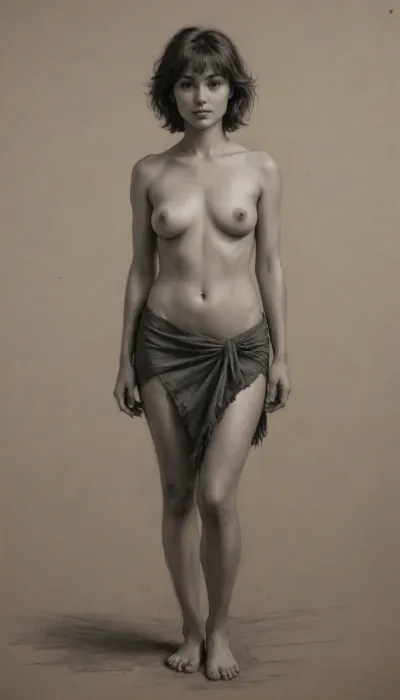 a drawing of a woman, 40 yo, brunette with a fringe, very small tits, one piece sarong, frizzy hair, cut leg, skin exposure, detailed but rough, sketches, detailed sketch, rough sketch, old sketch, sketch art, detailed penciling, matte sketch, highly detailed sketch, sketches wide angle view, realism, charcoal, drawing, <lora:EldritchCharcoalXL1.1:.5>
