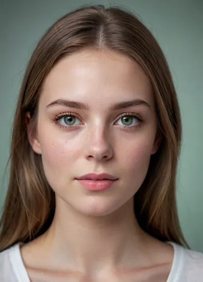 (masterpiece, best quality, photorealistic, ultra-detailed, highres, soft lighting), 1girl, 18 y.o., Polish, round face with delicate features, thin straight eyebrows, oval grey-green eyes with short eyelashes, straight nose with delicate tip, thin lips with soft pink hue, moderate cheekbones, soft chin, pale skin with light blush, few freckles on nose, straight white teeth, centered face, symmetrical, direct gaze, shoulder-length straight light brown hair framing face, neutral expression, in a softly blurred gradient background, <lora:add-detail-xl:2>