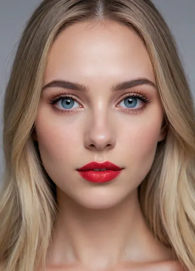 (masterpiece, best quality, photorealistic, ultra-detailed, highres, soft lighting), 1girl, 18 y.o., Swiss, round face with refined features, thin high eyebrows, oval blue eyes with short thick eyelashes, small straight nose, full glossy lips with bright red hue, moderate cheekbones, soft chin, pale skin with light blush, single mole under eye, straight white teeth, subtle makeup with bold lipstick, centered face, symmetrical, seductive pout, long straight ash blonde hair framing face, in a softly blurred gradient background, <lora:add-detail-xl:2>