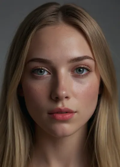 (masterpiece, best quality, photorealistic, ultra-detailed, highres, soft lighting), 1girl, 18 y.o., Danish, oval face with warm features, thin arched eyebrows, round light grey eyes with long eyelashes, small upturned nose, full glossy lips with coral hue, high cheekbones, soft chin, smooth porcelain skin with light blush, few freckles on cheeks, straight white teeth, subtle makeup with glossy lipstick, centered face, symmetrical, seductive pout, long straight blonde hair framing face, in a softly blurred gradient background, <lora:add-detail-xl:2>