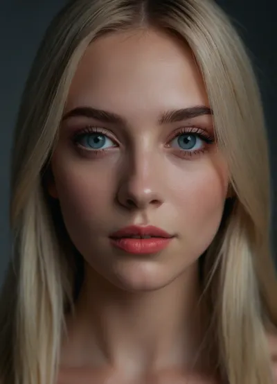 (masterpiece, best quality, photorealistic, ultra-detailed, highres, soft lighting), 1girl, 18 y.o., Latvian, round face with soft features, thick straight eyebrows, round light blue eyes with long thick eyelashes, straight medium-length nose, very plump glossy lips with coral hue, high cheekbones, soft chin, smooth porcelain skin with subtle glow, no freckles, straight white teeth, bold makeup with smoky eyeshadow and bright lipstick, centered face, symmetrical, teasing glance, long straight platinum blonde hair framing face, in a softly blurred gradient background, <lora:add-detail-xl:2>
