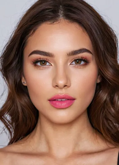 (masterpiece, best quality, photorealistic, ultra-detailed, highres, soft lighting), 1girl, 18 y.o., Macedonian, heart-shaped face with refined features, thick arched eyebrows, large hazel-green eyes with long thick eyelashes, straight nose with delicate tip, very plump glossy lips with bright pink hue, high cheekbones, soft chin, smooth olive skin with warm undertone, few faint freckles on nose, straight white teeth, bold makeup with winged eyeliner and bright lipstick, centered face, symmetrical, sultry parted lips, shoulder-length wavy auburn hair framing face, in a softly blurred gradient background, <lora:add-detail-xl:2>