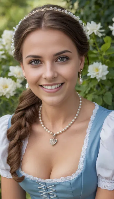 (high quality photographie), (detailed eyes), (detailed skin), (ultra sharp), 1 Women, austrian Beauty, 28yo, tall, normal waiste, very long natural brown hair, pinned up hair, blue tradtional austrian dirndl dress with blouse and Pantyhose, very small tits, pearl earrings, heart neclace, light makeup, a family reunion in a traditional the garden, laughing smile