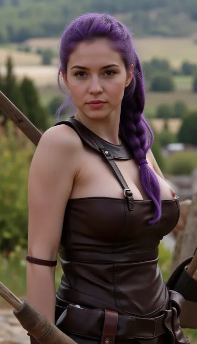 a beautiful female hobbit thief in leather armor, soft features, purple hair with a long ponytail, huge breasts. Armed with a short bow, Aiming, a, Bow, Scottish, Castles, Photography