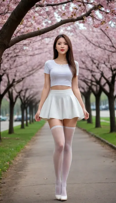 UHD 8K, Medium Shot, Full body photo, Full legs shows in photo, professional photography, detail, complex details, full-length photo, whole body in the frame, highres, photo realistic, masterpiece, best quality, highly detailed, perfect face, extreme realism, maximum detail, cinematic ultimate quality, photorealistic, full body view, ((UHD quality)), Sunny day. Long straight hair, (Realistic:1.37), (Masterpiece), (Best quality:1.4), (Ultra high resolution:1.2), (RAW photo:1.2), (High focus:1.3), (Focus on your face:1.2), Elegant, (Full body:1.2), Best quality, Masterpiece, (Realistic:1.2), Chinese girl, Black cock, Brown eyes, Frontal, Detailed face, Beautiful, White pleated mini skirt, (Ultra realistic pantyhose:1.3), Under the cherry blossom tree, (1.5), Big smile, Lots of eyelashes, High heels, Beautiful on both sides, Over knee socks, long slender legs