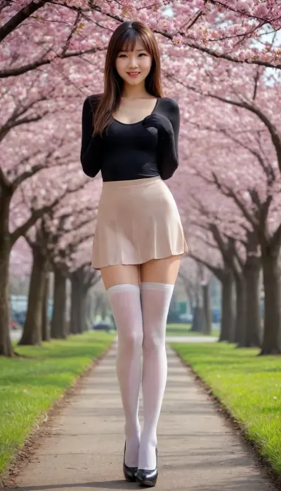 ((UHD quality)), Sunny day. Long straight hair, (Realistic:1.37), (Masterpiece), (Best quality:1.4), (Ultra high resolution:1.2), (RAW photo:1.2), (High focus:1.3), (Focus on your face:1.2), Elegant, (Full body:1.2), Best quality, Masterpiece, (Realistic:1.2), Chinese girl, Black cock, Brown eyes, Frontal, Detailed face, Beautiful, White pleated mini skirt, (Ultra realistic pantyhose:1.3), Under the cherry blossom tree, (1.5), Big smile, Lots of eyelashes, High heels, Beautiful on both sides, Over knee socks