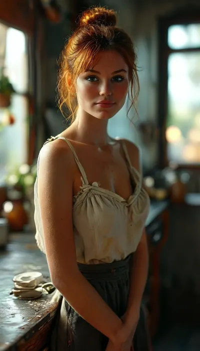 A beautiful, sexy, natural redhead with a top bun and bangs, a bow in her hair, wearing nothing but a waist apron, standing in her kitchen flashing her breasts. The photo frames her entire body, focused on her perfect B cup breasts. She looks embarrassed but happy. The scene is photorealistic and highly detailed, with smooth skin and detailed hair strands. The kitchen is modern with stainless steel appliances and wooden cabinets. The lighting is soft, natural light filtering through the windows, with a medium shot focusing on her face and upper body, and a blurred background to highlight her. The image uses warm tones and soft shadows. Render the photo as realistically and artistically as possible, with the aesthetic of being shot on a 35mm film camera., <lora:Midjourney Image Enhancer XL v1:.8>, <lora:MJ52:.8>