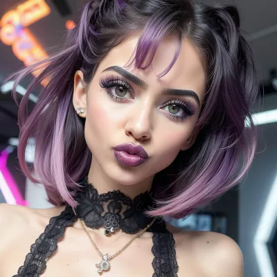 Hyperrealism, natural petite cutie, 18 years old beautiful, stunning unique female character. She has large eyes filled with joy and excitement, extravagant eyelashes, colorful short hair, disheveled hair, making this image a masterpiece of photography and digital art. Style, realistic hyper-detailed rendering, 32k UHD, expressive eyes, punk, graphic design, girl's face, pretty and cute, gleaming lips, white skin, pouting, romantik goth makeup, <lora:Pouting:.7>, <lora:weight_slider_v2:-1>, <lora:age_slider_v20:.1>, <lora:detail_slider_v4:.5>