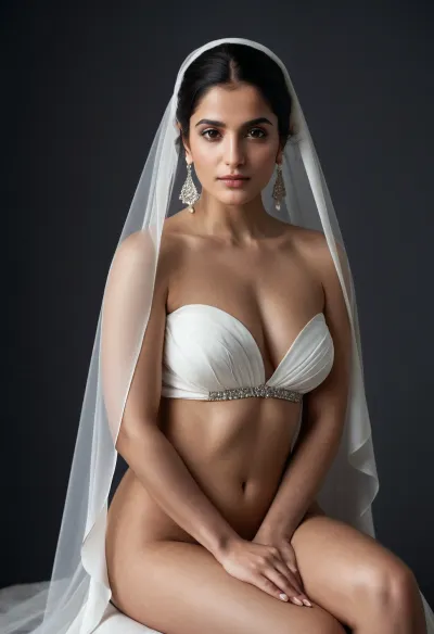 naked Curvy Iranian bride, artistic nude, seated gracefully on a minimalist white cube, soft bridal veil draped over her shoulders, calm and emotional gaze toward the camera, Persian facial features, subtle traditional earrings, high contrast lighting, gray studio background, minimalist and avant-garde atmosphere, soft fabric textures vs. cold geometric space, moody fine art photography, inspired by Iranian femininity and strength