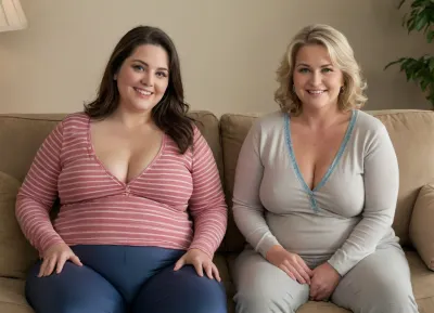 A high-quality, realistic photograph captures two, (obese), (two gilfs), 60 year old mature Gilfs sitting with their legs open on a striped beige and brown couch. The woman on the left is obese with a chubby belly. Her legs are spread. She has a noticeable cameltoe. She has big wide hips and thick thighs. She is very saggy. She has long, dark hair, medium brown skin with blue eyes, and is wearing a low-cut v-neck red long-sleeved shirt and gray pajama pants. She is looking directly at the camera with a big smile. The woman on the right is very chubby and has saggy cleavage. She has short, reddish-blonde hair, fair skin, and is wearing a silk dark charcoal-colored top with a light-colored trim and dark pants. Her top is unbuttoned halfway revealing cleavage and a peak of her areola slip. She is also smiling gently at the camera and has a wedding ring and diamond engagement ring on her left hand. They are positioned in a well-lit indoor setting, likely a living room, with a beige wall behind the couch. A portion of a floor lamp with a brass base and a light-colored shade is visible in the upper right corner. The couch has a matching pillow on the left side. The overall mood is warm and friendly, suggesting a candid moment shared between the two women. The focus is sharp, capturing the details of their expressions, clothing textures, and the surrounding environment., (Hard nipples:1.2), they both have hard nipples.