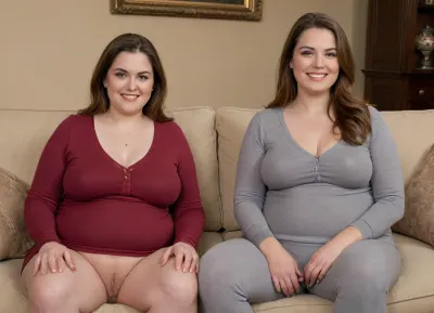 A high-quality, realistic photograph captures two, (obese), (two gilfs), 60 year old mature Gilfs sitting with their legs open on a striped beige and brown couch. The woman on the left is obese with a chubby belly. Her legs are open showing her cameltoe. She has a noticeable cameltoe. She has big wide hips and thick thighs. She is very saggy. She has long, dark hair, medium brown skin with blue eyes, and is wearing a low-cut v-neck red long-sleeved shirt and gray pajama pants. She is looking directly at the camera with a big smile. The woman on the right is very chubby and has saggy cleavage. She has short, reddish-blonde hair, fair skin, and is wearing a silk dark charcoal-colored top with a light-colored trim and dark pants. Her top is unbuttoned halfway revealing cleavage and a peak of her areola slip. She is also smiling gently at the camera and has a wedding ring and diamond engagement ring on her left hand. They are positioned in a well-lit indoor setting, likely a living room, with a beige wall behind the couch. A portion of a floor lamp with a brass base and a light-colored shade is visible in the upper right corner. The couch has a matching pillow on the left side. The overall mood is warm and friendly, suggesting a candid moment shared between the two women. The focus is sharp, capturing the details of their expressions, clothing textures, and the surrounding environment., (Hard nipples:1.2), they both have hard nipples. They are holding their own breasts., (Cameltoe:1.3)