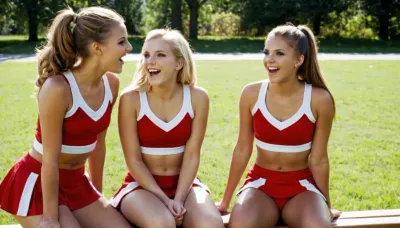Sunny day outside. 3girls. Three 18 year old young adult cheerleaders sitting next to each other on bench. They are talking to each other and laughing. Viewer is in front and below looking up at them. Their legs are slightly spread and their underwear is visible. Upskirt view. They are not looking at the viewer