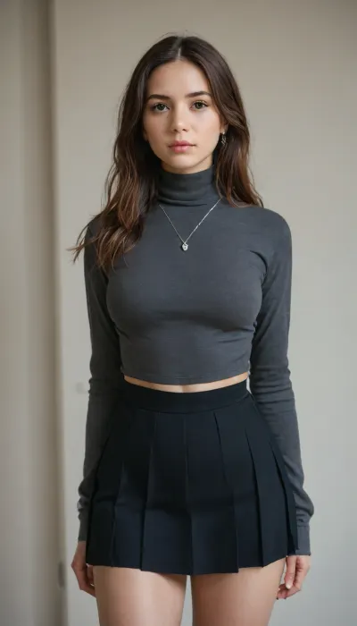 Stable_Yogis_PDXL_Positives2, 9..demo..character..1, 99..demo..character..1, long hair, brown hair, brown eyes, realistic, photorealistic, medium breasts, narrow waist, curvy, thick thighs, (High-neck Shirt and Suit Skirt:1.2), realism, real life, detailed