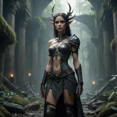 A dark fantasy dystopian scene with a highly detailed and atmospheric environment. The world is ruined yet magical — overgrown ruins, polluted with glowing anomalies, twisted nature, and remnants of lost civilizations. The light is dim or unnatural, casting eerie shadows. Creatures and characters are mystical but scarred by the harsh world — hybrids, beast-like beings, elves, or fairies with a dangerous or wild edge. The art style combines cyberpunk elements with medieval fantasy, featuring muted colors, metallic textures, glowing runes, and post-apocalyptic flora. Emphasize mystery, decay, and hidden ancient power., <lora:274730_training_data:1.8>