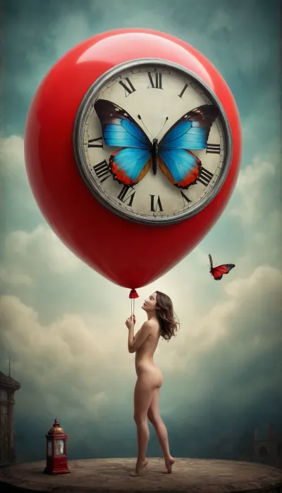 Surrealism, Nude, ((((-butterfly-girl)))), dream-a-little-dream, red Balloon, liqued clock.