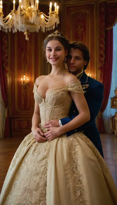 (Masterpiece, 8k, ultra realistic, high quality photography, hdr, High resolution, perfect image composition), Busty Natasha Rostova, a vibrant topless young woman with a heartwarming smile, dressed in a stunning 19th-century Russian ball gown adorned with intricate lace and shimmering crystals. Her dark hair is swept up in an elegant chignon, allowing a few soft tendrils to frame her delicate face. She stands in the grand ballroom of the Rostov estate, where opulent chandeliers cast a warm glow over the polished wooden floor and the swirling dancers. The room is a whirlwind of color and movement, with aristocrats in their finest attire mingling and laughing as the orchestra plays a lively waltz. Natasha's eyes sparkle with excitement and innocence as she twirls in the arms of her dance partner, Prince Andrei Bolkonsky, who gazes at her with admiration. In the background, the walls are adorned with rich tapestries and gold-leaf moldings, while large arched windows reveal a serene moonlit landscape of snow-covered gardens. The scene captures the essence of Natasha's youthful spirit and the enchanting allure of the high society she is about to embrace. The contrast between Natasha's youthful exuberance and the formal grandeur of the setting hints at the tumultuous journey of growth and self-discovery that lies ahead of her in the epic narrative of "War and Peace.", hairy, armpits, <lora:HAv2.0beta1:.8>