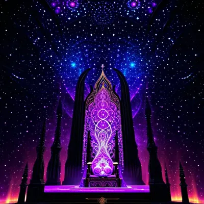 Fractal Cosmic throne of a eldritch god, Lovecraftian throne room, psychedelic, void, fractal cosmic void, celestial, galactic, cyclopean, phone background