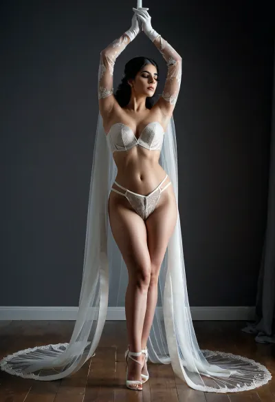 Curvy Iranian bride in avant-garde fine art nude, standing with feet firmly apart and arms raised straight above head, wearing only a white corset and long mesh bridal gloves, sheer veil hanging asymmetrically from one arm, dramatic side lighting, minimalist grey studio, body posed like a modern sculpture, Persian facial structure with intense gaze