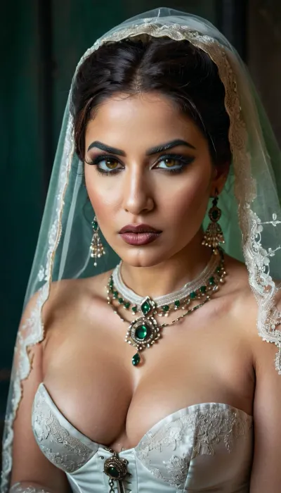 Curvy Iranian bride, artistic nude, wearing sheer bridal corset and lace stockings, chained gently to a cold metal frame, heavy Arabic eye makeup with deep black eyeliner and glossy lips, looking at camera with smoldering half-closed eyes, dramatic lighting, cold concrete studio, sheer veil tangled in chains, fusion of elegance and submission, fine art BDSM aesthetic, green, eyes, blue, brown, perfecteyes, <lora:PerfectEyesXL:.8>