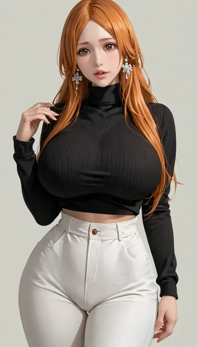 photorealistic, Inoue Orihime, character from the Bleach, (Inoue Orihime from the Bleach:1.2), best quality, afterglow, 4k, ((masterpiece)), extremely detailed, 8k, trending on ArtStation, Intricate, High Detail, Sharp focus, curvy, 1girl, (beautiful face, perfect eyes:1.2), (milf:1.2), (busty and curvy1.1), (thick:1.2), (thick thighs), (bedroom background, cozy), rating, safe, (huge breasts:1.2), (wide_hips), collarbone, (black turtleneck sweater, white pants), solo_focus, sensual, seductive, parted lips, (orange hair, long hair, brown eyes), lips, looking_at_viewer, standing, 4ng3l, face, <lora:SDXL_BetterFaces-LoRA_v1:.5>, <lora:add-detail-xl:.5>, <lora:detailed_notrigger:.5>