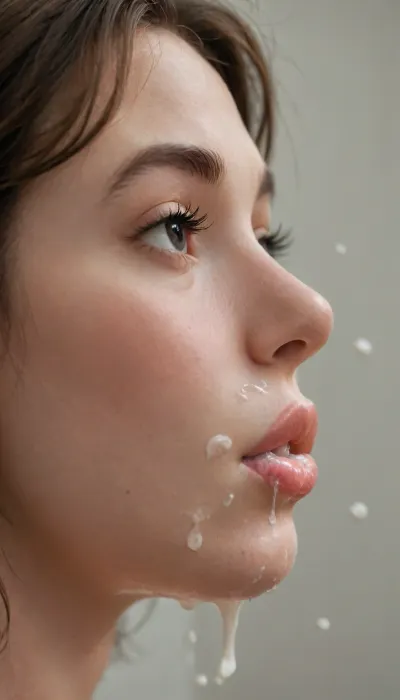 Create a chiaroscuro portrait of an 18 year old girl with short, slightly messy chestnut-brown hair and soft, thoughtful green eyes. Her expression is quiet and introspective, as if caught between sadness and wonder. She has no clothing, she is completely naked, every part of her body in frame and naked. The lighting is dramatic and moody, a single strong light source from the side illuminates half her face and body, while the other half fades into deep shadow. The background is simple, dark, and textured, enhancing the emotional depth. Her gaze is slightly downward or into the distance, evoking a sense of reflection, vulnerability, and the fragile weight of memory, (side view:1.5), (cum dribbles from her lips:2.5), (black eyes mackup:1.7), (seductive eyes:1.7), (lips slightly open:1.5)