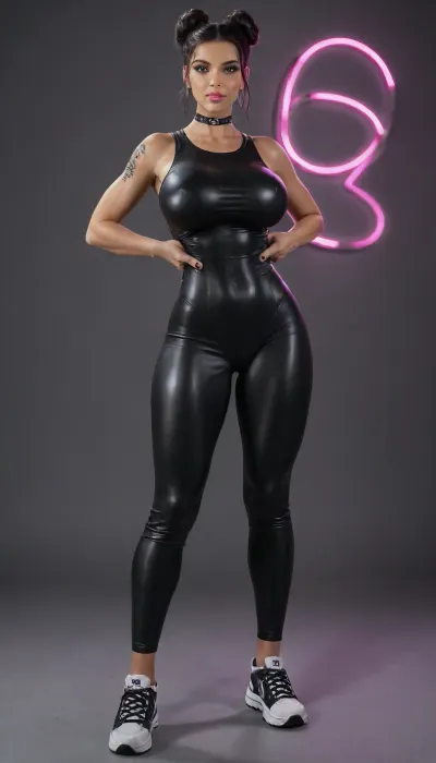 black studio background, lots of bright purple neon lights, beautiful fit girl, ((bimbo)), (((long black hair in a bun))), black v-shape bodysuit, (((tight fitting black v-shape bodysuit))), (((full body view))), huge breasts, very thick thights, (((very thick thights 2.0))), full shot, biting lip, waist, bimbo lips, choker, tattoos on the arms, puffy pussy, white big sneakers, camel toe, sexy pose, loose oversize white sports pants, undressing