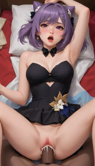 view from side, hetero, (Keqing from Genshin Impact), full body view, (breasts:1.3), (fucked in missionary by an huge black man grabbing her), (1man, African american man, very dark skin, large penis), dress, strapless, strapless dress, cleavage, black dress, bow, bare shoulders, official alternate costume, ribbon, black bow, hair ribbon, bowtie, moaning, mouth opened, blush, showing her armpits, huge creampie, eye contact, (realistic:.9), interracial, male pov, (orgasm:1.5), (creampie:1.3), <lora:keqing:1>, <lora:Animated_Concept:1>