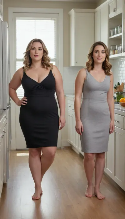 Two plus-size women stand side-by-side in a brightly lit kitchen setting.
Woman on the left, She has long, dark brown hair that falls past her shoulders and appears slightly wavy. Her skin tone is fair, and she has a gentle, neutral expression. She is wearing a fitted, sleeveless black dress that accentuates her figure and falls to just above her knees. She is barefoot.
Woman on the right, She has shoulder-length blonde hair that is styled in loose waves. Her skin tone is also fair, and she has a soft, pleasant expression. She is wearing a form-fitting, sleeveless grey dress of a similar length to the other woman's. She is also barefoot.
The kitchen behind them features white upper cabinets and wooden lower cabinets. A stainless steel refrigerator is visible to the left, and a sink and countertop area are to the right. The floor has a light-colored tiled pattern. The overall lighting is bright and appears to be coming from overhead sources.