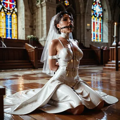 bride in latex dress, hands tied behind her back, ring gag in her mouth, wet body, kneeling in church.