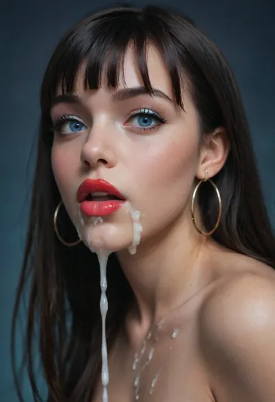 Close up shot of a beautiful woman, shocked expression, red lipstick, blue eyeshadow, winged eyeliner, fake eyelashes, fashion makeup, large silver hoop earrings, long black hair with full blunt bangs, woman looking at viewer, blue eyes, closeup view from the side, dark background, high contrast lighting, (((excessive cum spilling from corner of mouth))), (((cum dripping from her lips and chin))), <lora:Creat0r_MagicDetailzV2_FIX:.5>