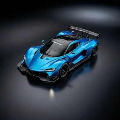 masterpiece, best quality, ultra-detailed, 8K, photo-realistic, full body, isometric view, from front, cyber world, metallic blue and black racing_car parked, (simple black background:1.2)