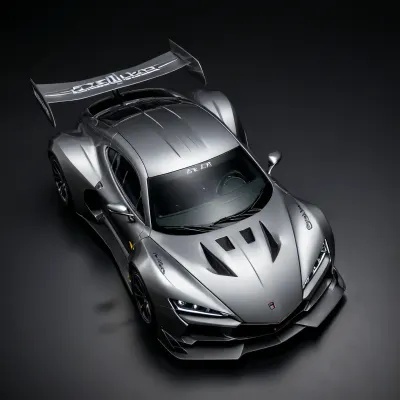 masterpiece, best quality, ultra-detailed, 8K, photo-realistic, full body, isometric view, from front, cyber world, gunmetal and black rugged racing_car parked with wing_motif white_decoration, slanted 4head light, (simple black background:1.2)