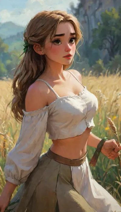 (((a peasant woman in a medieval green cropped midriff high thigh split skirt dress, corsage, white blouse, neckline, blonde, a perfect fit body young woman of 19 years old, with natural breasts, wide hips, gorgeous ass))), works in the field with her little young son, ((oktoberfest dress)), (((masterpiece, the best quality))), (wheat field, ears, sickle, sheaves), k3nk3lly, Art, by, Boris, Vallejo, Style, fr4z3tt4, fantasy, highlydetailedbody, realisticface, highlydetailedhair, insanelydetailed, 8K.highdetailedskin, highresolution, perfectfingers, (j_cartoon:1.5), Drawing., <lora:580159_training_data:.5>, abbylee, <lora:abbylee_xl_lora:.5>, <lora:samdoesarts1.1-000030:.4>, <lora:J_cartoon:.3>, <lora:Animated_Concept:.4>