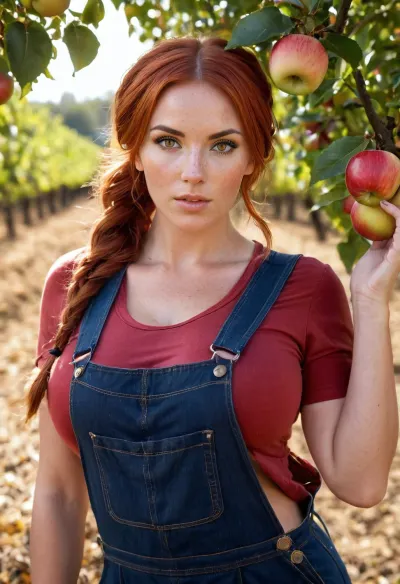 photo of, It is autumn, autumnal colours and leaves everywhere, beautiful spain countryside backdrop, (female farmhand 26 years old, working hard), (wearing only loose dungarees breasts visible), no t-shirt, very pretty, (red hair in pigtails), freckles, (picking apples from a tree), (large saggy breasts exposed), (detailed skin texture), cinematic lighting, sharp focus, (very detailed), detailed face, detailed eyes, high quality, high resolution, 8K HDR, High contrast, shadows, bokeh, (realistic face and eyes:1.2), ph, large, breasts, big, boobs, huge, tits, <lora:bombshell_v2:.8>