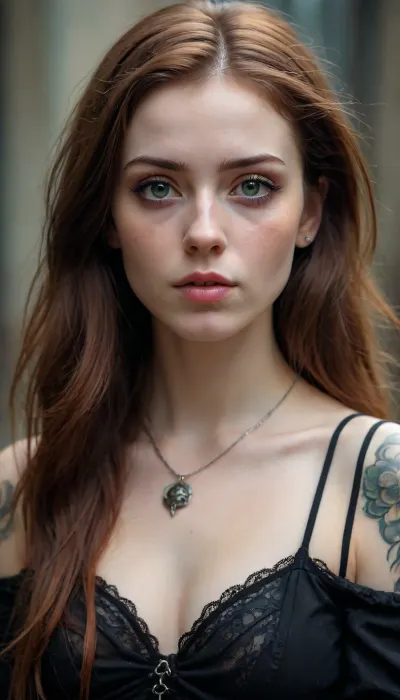 Breathtaking modern beautiful young woman, (punk goth wizardress), with long straight brown hair, pale skin, (hazel-greenish eyes), long eyelashes, (punk-goth young adult girl soft skin, freckles, defined cheek bones, high cheek bones, cheery), lots of black tattoos, magic mist, digital painting, digital illustration, extreme detail, digital art, 4k, ultra hd, Anna Dittmann, greg rutkowski, alyssa monks, hyperrealism, trending on artstation, by Egon Schiele, gustave dore, david mann, vintage photography, beautiful, tumblr aesthetic, retro vintage style, hd photography, full body
