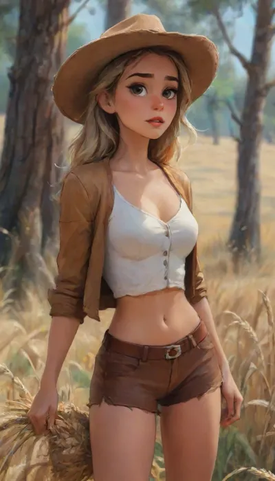 (((a peasant woman in a Western Wear Women Festival Going Out Clothes Vintage Style Cowgirl Outfit Boho Vacation Hippie PU Leather Cardigan With Low Waist Shorts 2 Pieces Set Outfit, blonde, a perfect fit body young woman of 19 years old, with natural breasts, wide hips, gorgeous ass))), works in the field with her little young son, ((oktoberfest dress)), (((masterpiece, the best quality))), (wheat field, ears, sickle, sheaves), k3nk3lly, Art, by, Boris, Vallejo, Style, fr4z3tt4, fantasy, highlydetailedbody, realisticface, highlydetailedhair, insanelydetailed, 8K.highdetailedskin, highresolution, perfectfingers, (j_cartoon:1.5), Drawing., <lora:580159_training_data:.5>, abbylee, <lora:abbylee_xl_lora:.5>, <lora:samdoesarts1.1-000030:.4>, <lora:J_cartoon:.3>, <lora:Animated_Concept:.4>