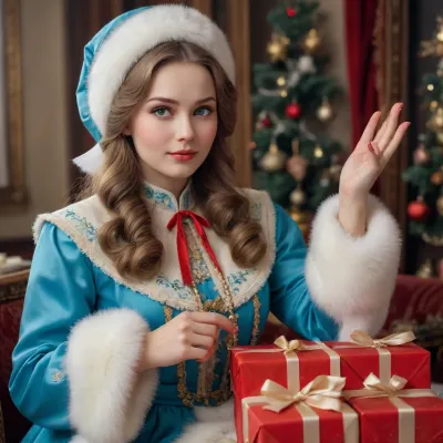 1940s Russian Snow Maiden one hand saluting siting on lots of present